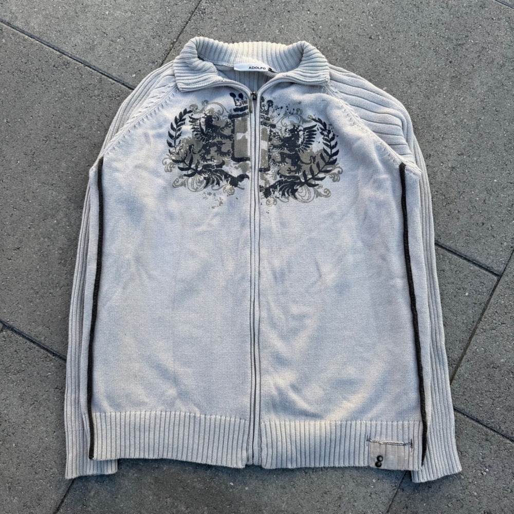 Adolfo Mens XL Full Zip Sweater Gray Heraldic Crest Graphic Y2K Ribbed Knit